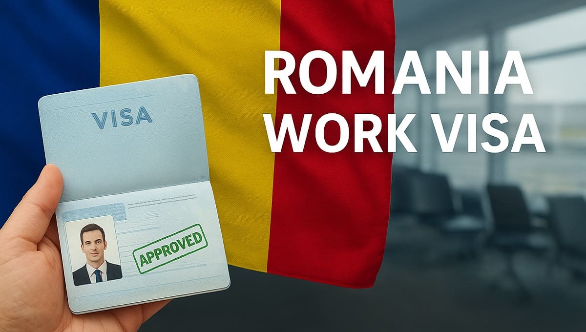 کارت ویزای کاری با پرچم رومانی و مهر تأیید