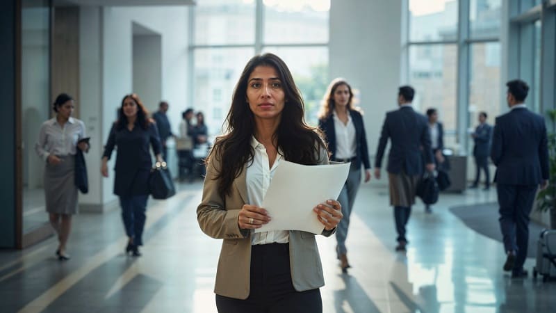 زن جوان در حال عبور از سالن اداری با مدارک کاری