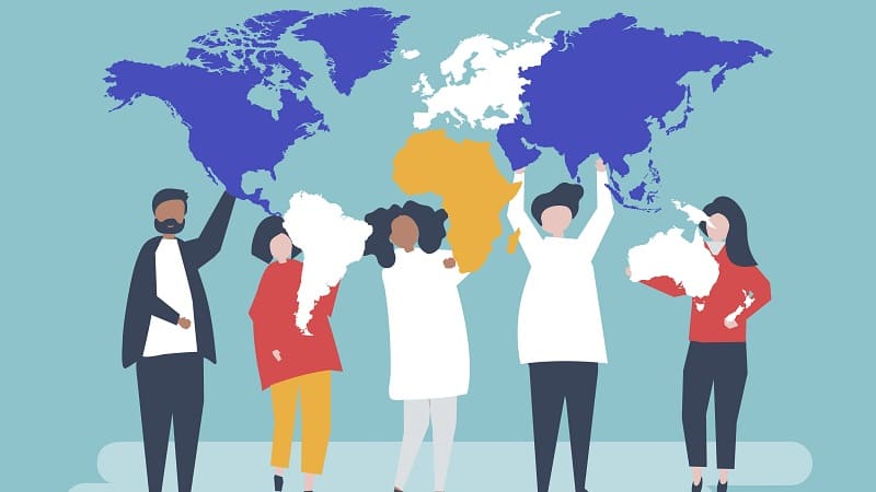 تصویر کارتونی از افراد در نقشه جهانی در حال همکاری