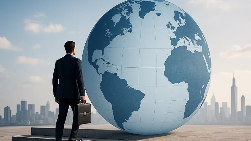 کارجو ایستاده مقابل کره زمین و برنامه‌ریزی برای مهاجرت کاری