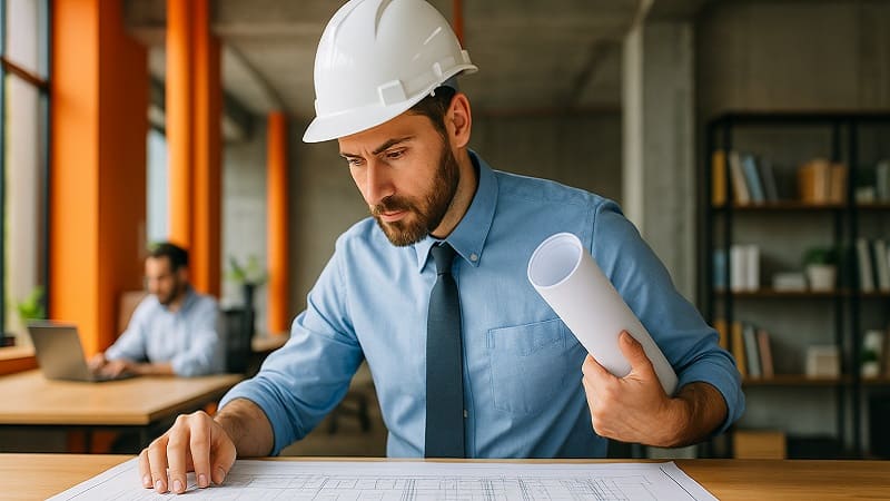 مهندس جوان در حال بررسی مدارک و نقشه برای کار در پروژه خارجی